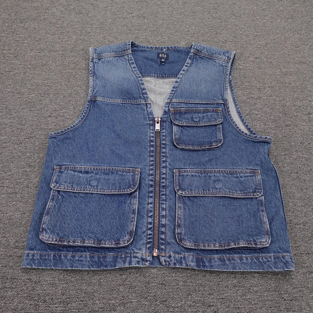 Gap Vest Mens Medium Blue Denim Utility Multi Pocket Full Zip Workwear Outdoor